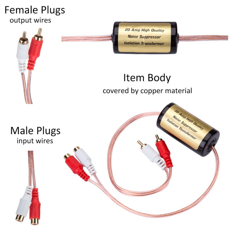 Mr.Ho Mr. Ho 20 Amp/12V RCA Car Audio Noise Filter Suppressor Ground Loop Isolator Transformer with Male and Female Plugs - Image 3